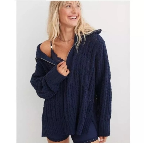 Aerie Cable Car Knit Chenille Quarter Zip Sweater - Picture 1 of 8